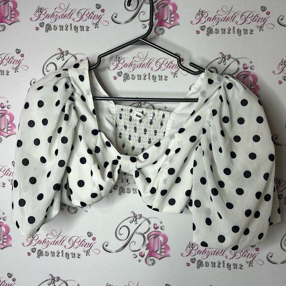 Sunfere top cropped puffy poof Polka Dot Puff Sleeve Top - Picture 1 of 6